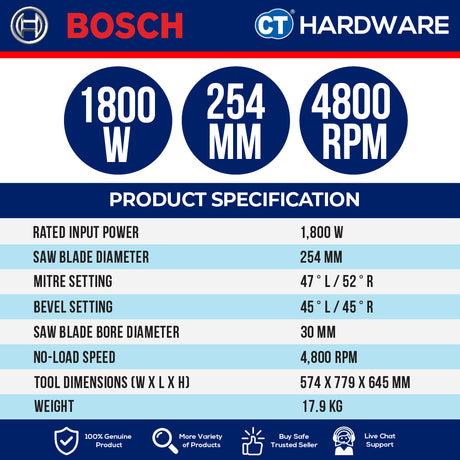 Bosch GCM 254 D Corded Mitre Saw 10" | 254MM | 1800W | 4800RPM | 0601B59000 [ GCM254D ]