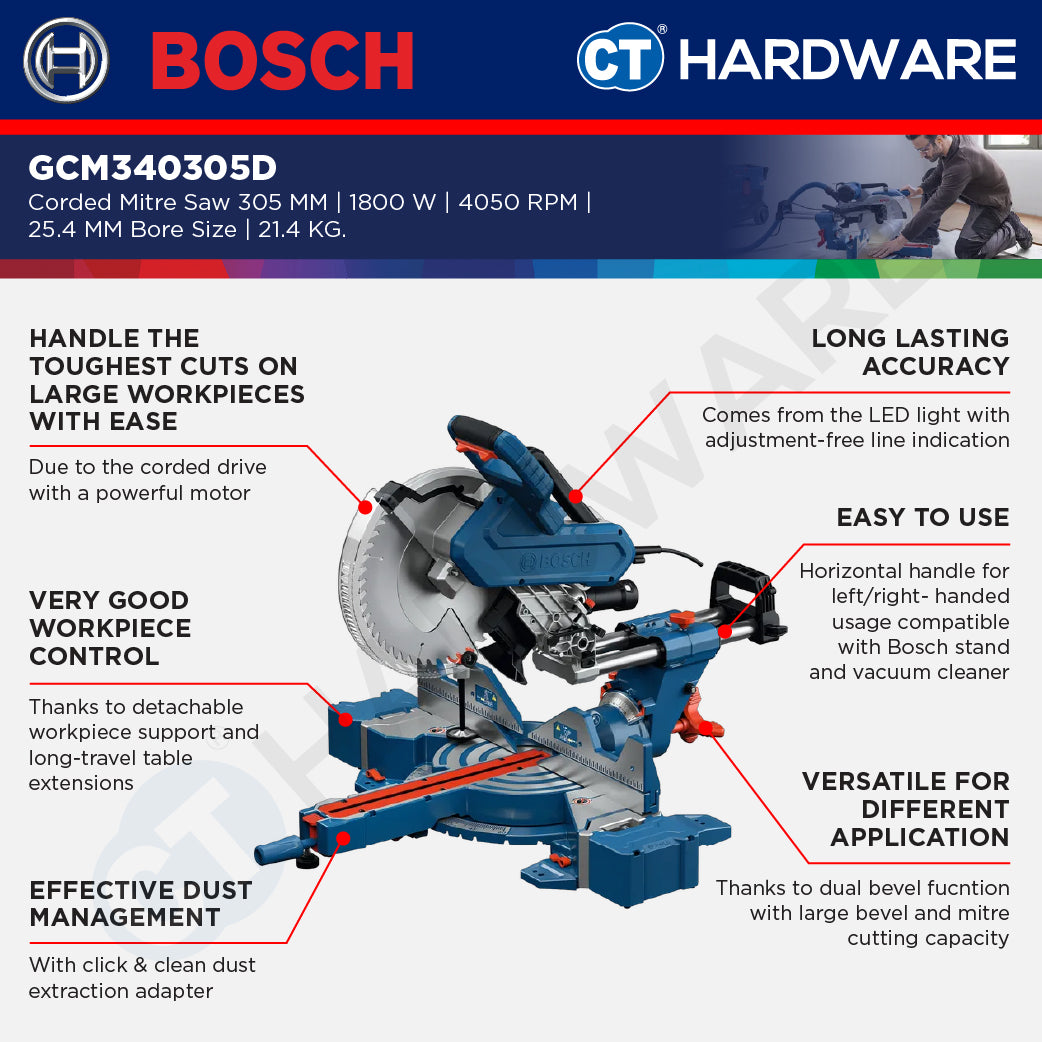 Bosch GCM340305D Corded Mitre Saw 305 MM | 1800 W | 4050 RPM | 25.4MM Bore Size