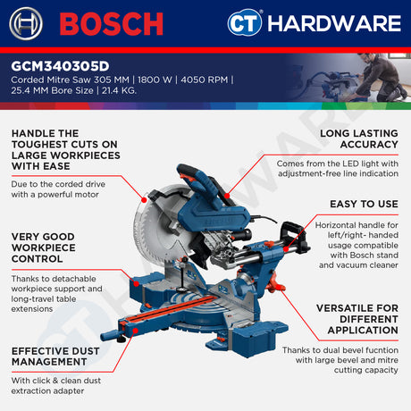 Bosch GCM340305D Corded Mitre Saw 305 MM | 1800 W | 4050 RPM | 25.4MM Bore Size