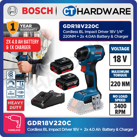 Bosch GDR18V220C Cordless Brushless Impact Driver 18V | 1/4" | 220NM Come with 2x 4.0Ah 18V Battery & Charger