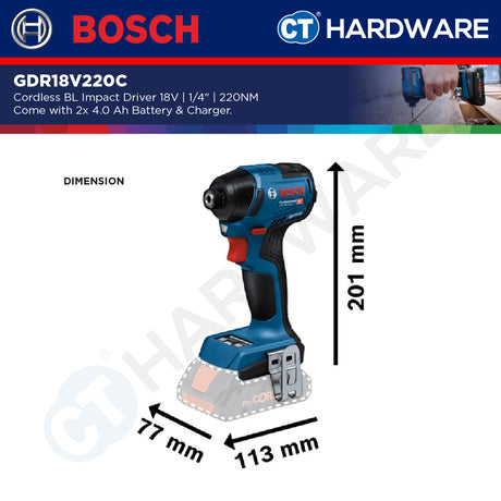 Bosch GDR18V220C Cordless Brushless Impact Driver 18V | 1/4" | 220NM Come with 2x 4.0Ah 18V Battery & Charger