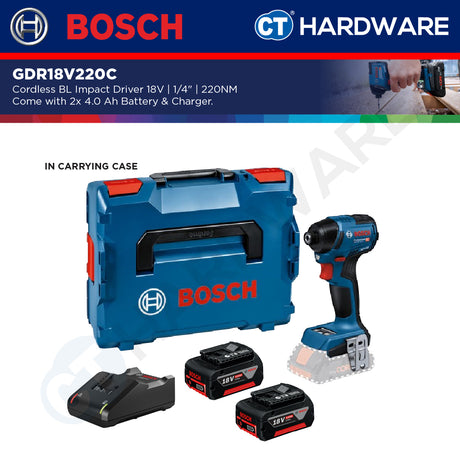 Bosch GDR18V220C Cordless Brushless Impact Driver 18V | 1/4" | 220NM Come with 2x 4.0Ah 18V Battery & Charger