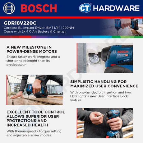 Bosch GDR18V220C Cordless Brushless Impact Driver 18V | 1/4" | 220NM Come with 2x 4.0Ah 18V Battery & Charger