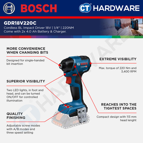 Bosch GDR18V220C Cordless Brushless Impact Driver 18V | 1/4" | 220NM Come with 2x 4.0Ah 18V Battery & Charger