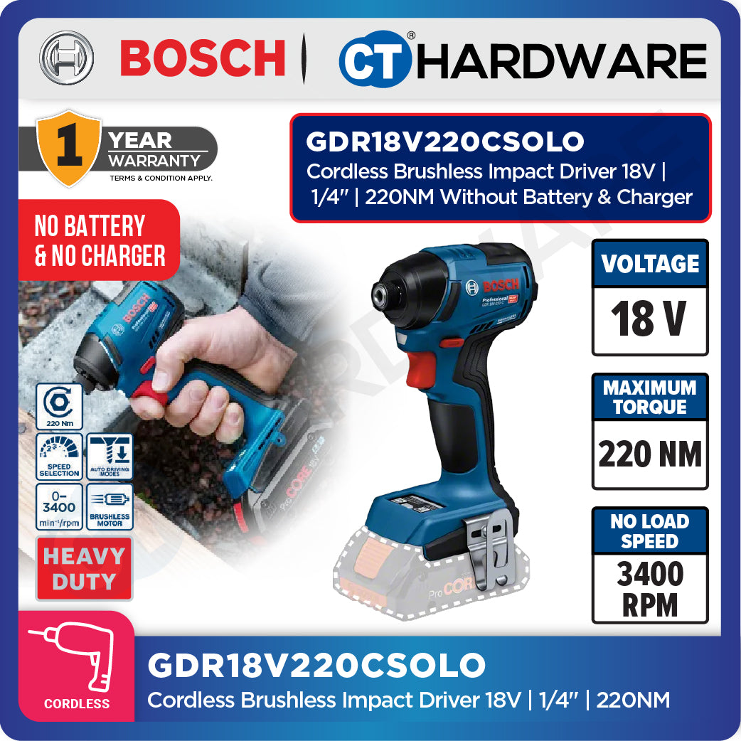 Bosch GDR18V220C Cordless Brushless Impact Driver 18V | 1/4" | 220NM Come with 2x 4.0Ah 18V Battery & Charger