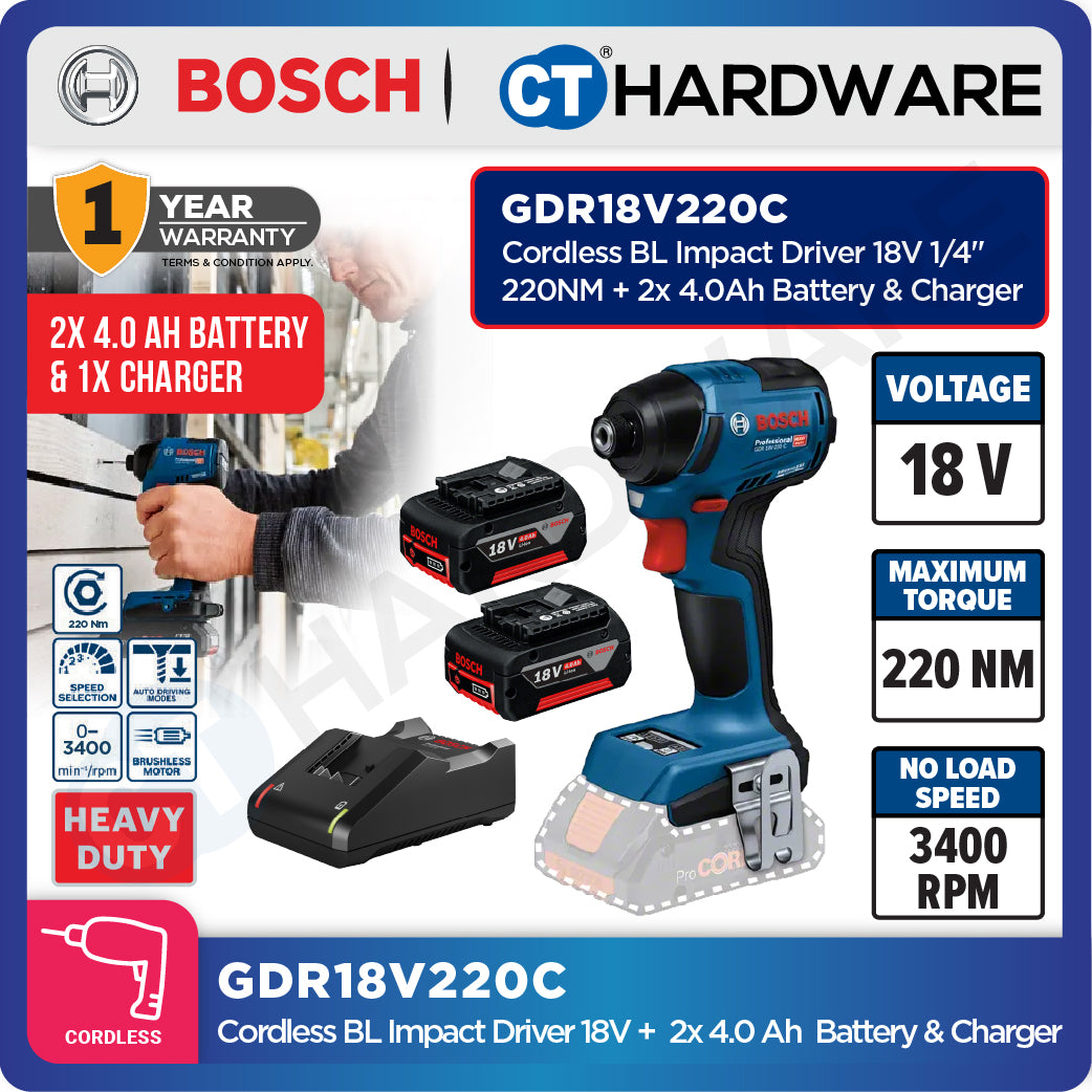 Bosch GDR18V220C Cordless Brushless Impact Driver 18V | 1/4" | 220NM Come with 2x 4.0Ah 18V Battery & Charger