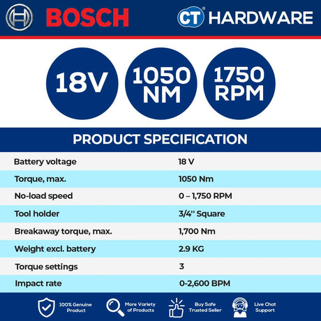 Bosch GDS 18V-1050 H SOLO Cordless Impact Wrench BITURBO 18V 3/4" 1050Nm [06019J85L1 | GDS18V1050HSOLO]