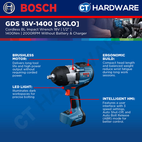 Bosch PRO GDS 18V-1400 Cordless Brushless Impact Wrench 18V 1/2" 1400Nm Solo [06019R50L0]