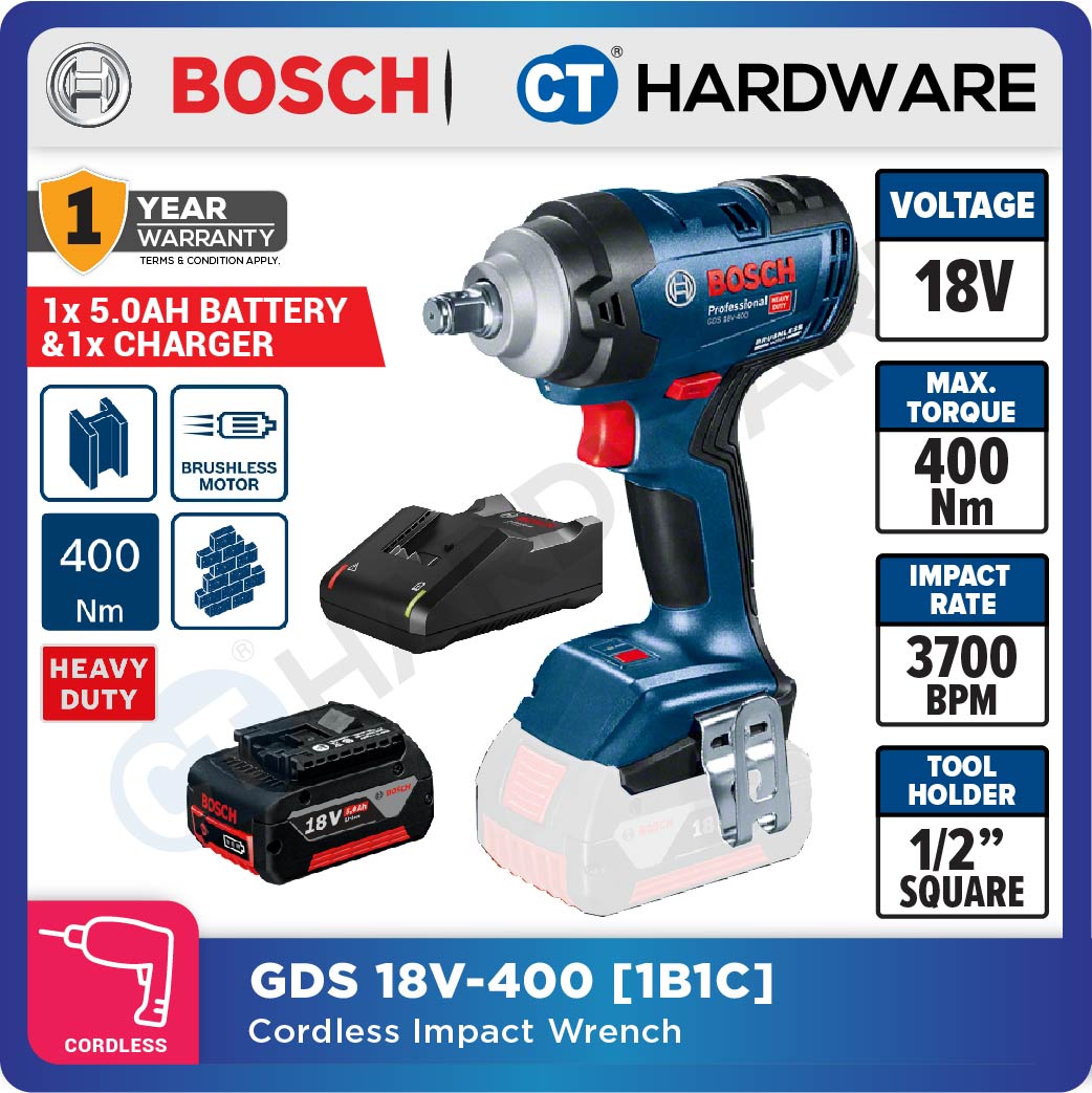 Bosch GDS 18V-400 Professional Cordless Brushless Impact Wrench 18V 1/2" 400Nm | Full Set | SOLO | 1-Battery [06019K00L0 | GDS18V400]