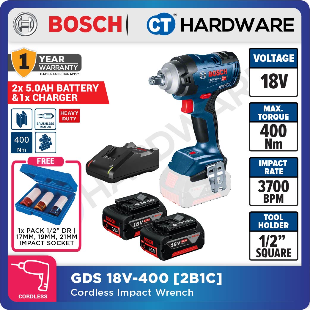 Bosch GDS 18V-400 Professional Cordless Brushless Impact Wrench 18V 1/2" 400Nm | Full Set | SOLO | 1-Battery [06019K00L0 | GDS18V400]