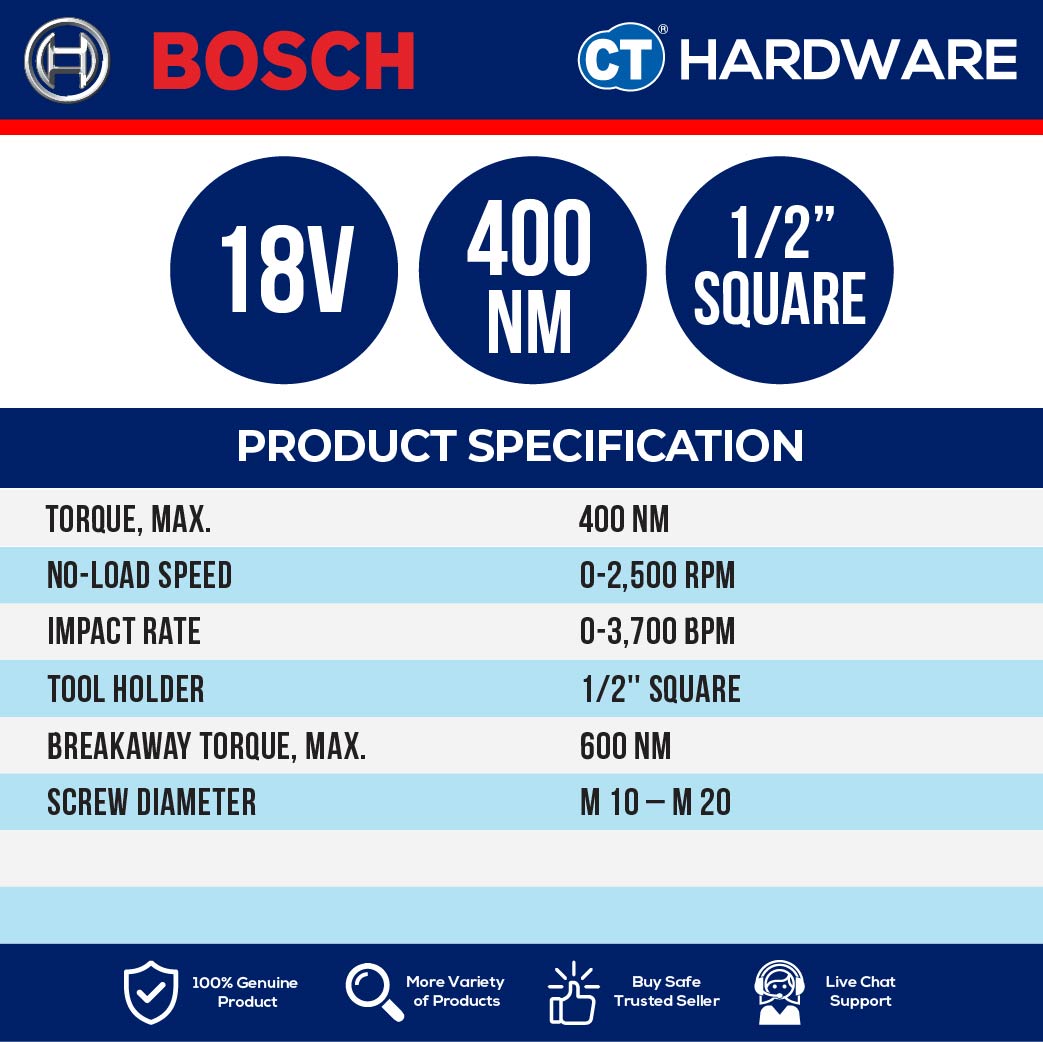 Bosch GDS 18V-400 Professional Cordless Brushless Impact Wrench 18V 1/2" 400Nm | Full Set | SOLO | 1-Battery [06019K00L0 | GDS18V400]