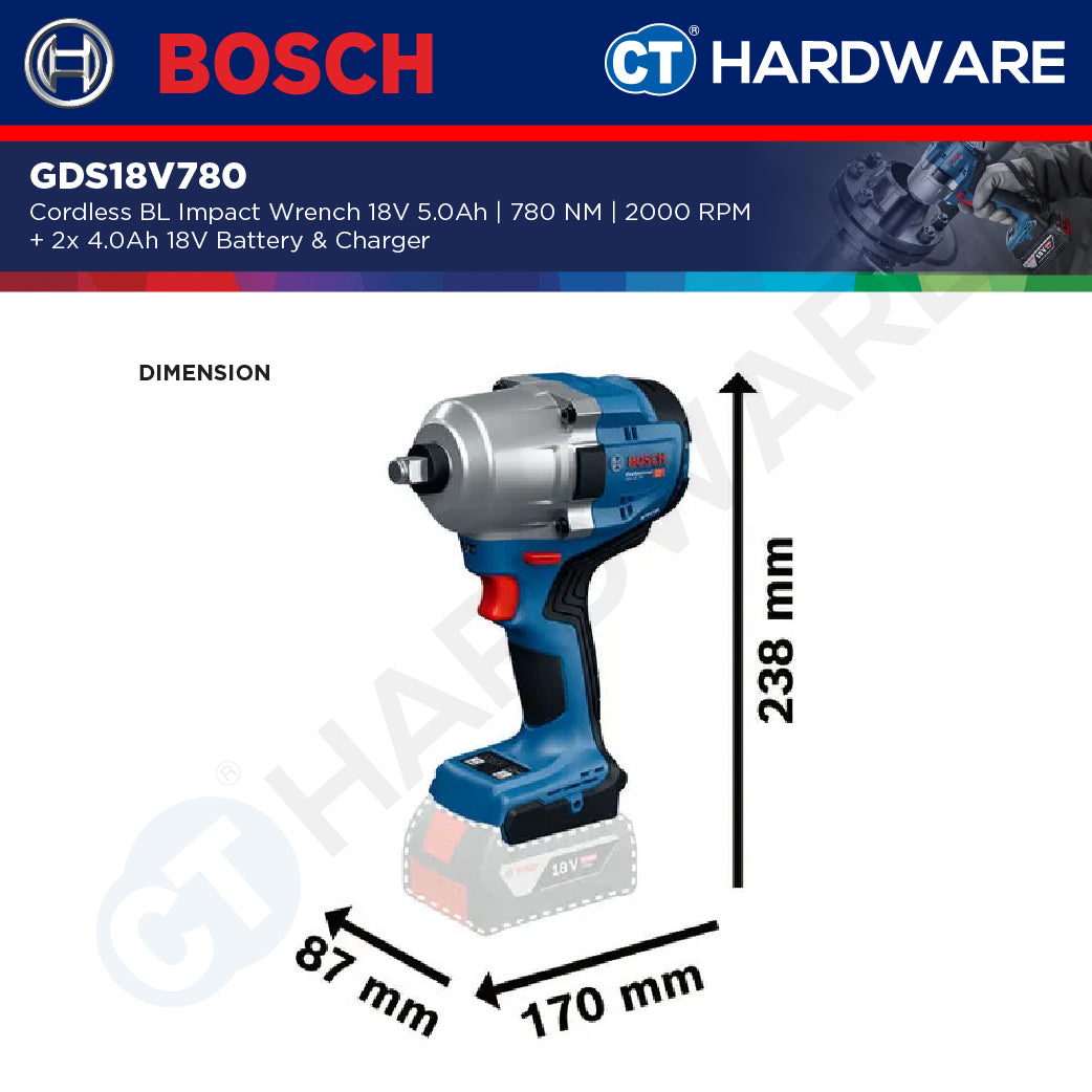 Bosch GDS18V780 Cordless Brushless Impact Wrench 18V 5.0AH | 780NM | 2000RPM Come with 2x 4.0Ah 18V Battery & Charger