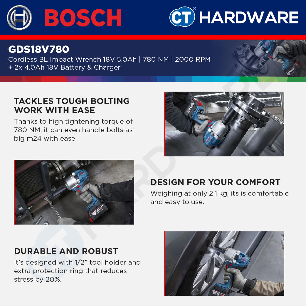 Bosch GDS18V780 Cordless Brushless Impact Wrench 18V 5.0AH | 780NM | 2000RPM Come with 2x 4.0Ah 18V Battery & Charger