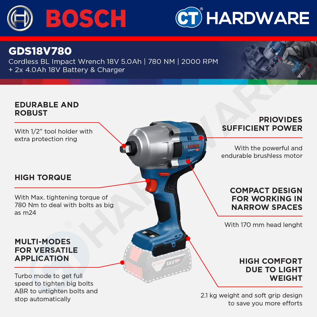 Bosch GDS18V780 Cordless Brushless Impact Wrench 18V 5.0AH | 780NM | 2000RPM Come with 2x 4.0Ah 18V Battery & Charger