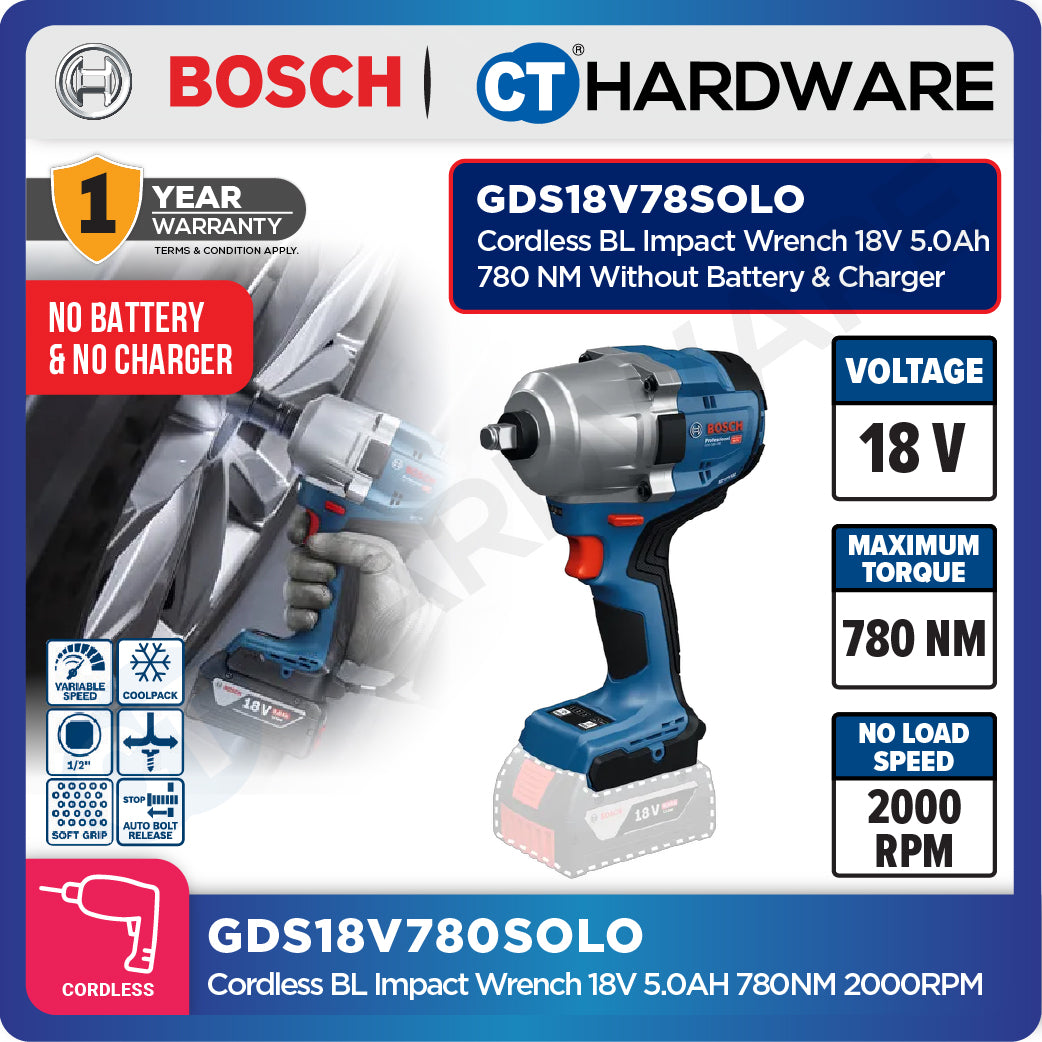 Bosch GDS18V780 Cordless Brushless Impact Wrench 18V 5.0AH | 780NM | 2000RPM Come with 2x 4.0Ah 18V Battery & Charger