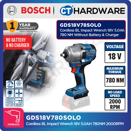 Bosch GDS18V780 Cordless Brushless Impact Wrench 18V 5.0AH | 780NM | 2000RPM Come with 2x 4.0Ah 18V Battery & Charger