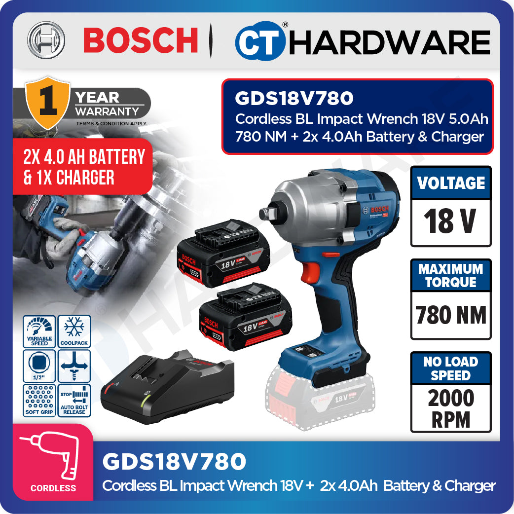 Bosch GDS18V780 Cordless Brushless Impact Wrench 18V 5.0AH | 780NM | 2000RPM Come with 2x 4.0Ah 18V Battery & Charger