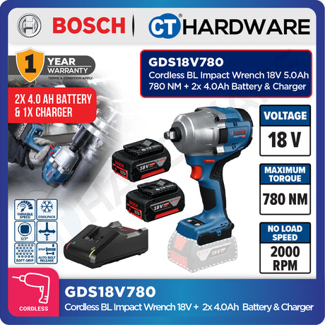 Bosch GDS18V780 Cordless Brushless Impact Wrench 18V 5.0AH | 780NM | 2000RPM Come with 2x 4.0Ah 18V Battery & Charger