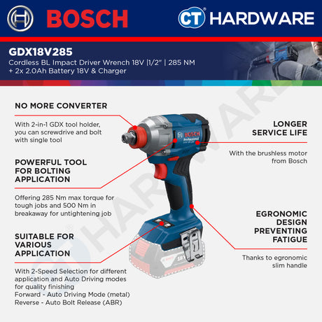 Bosch GDX18V285 Cordless Brushless Impact Driver/Wrench 18V 1/2" 285NM [SOLO | KIT PACK]