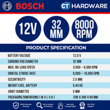 Bosch GEX 12V-32 SOLO Cordless Brushless Random Orbital Sander 12V | 32 MM Without Battery & Charger | GEX12V32SOLO