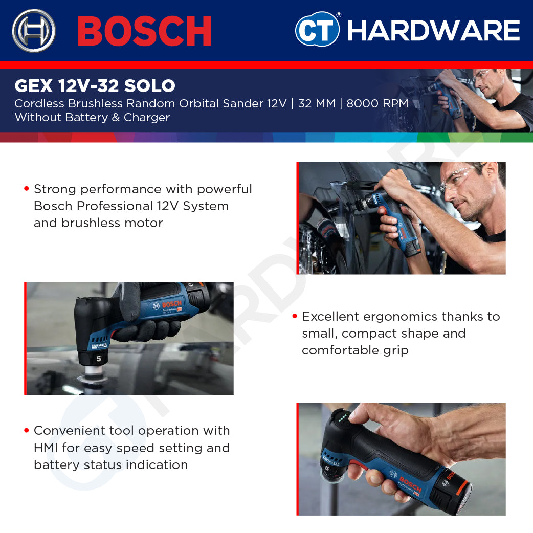 Bosch GEX 12V-32 SOLO Cordless Brushless Random Orbital Sander 12V | 32 MM Without Battery & Charger | GEX12V32SOLO