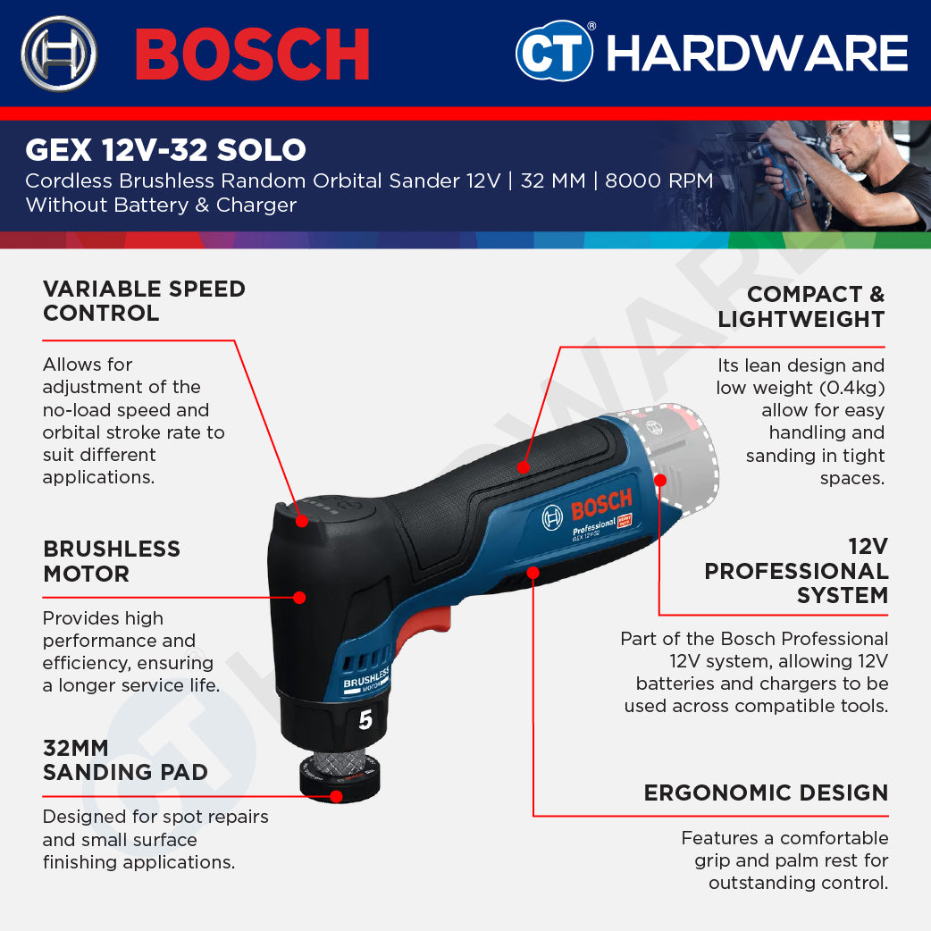 Bosch GEX 12V-32 SOLO Cordless Brushless Random Orbital Sander 12V | 32 MM Without Battery & Charger | GEX12V32SOLO