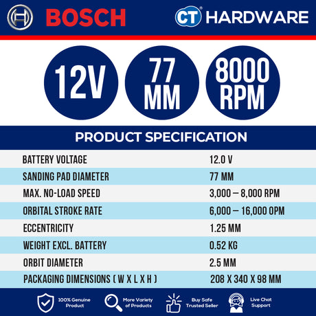 Bosch GEX 12V-77 SOLO Cordless Brushless Random Orbital Sander 12V | 77 MM  Without Battery & Charger | GEX12V77SOLO