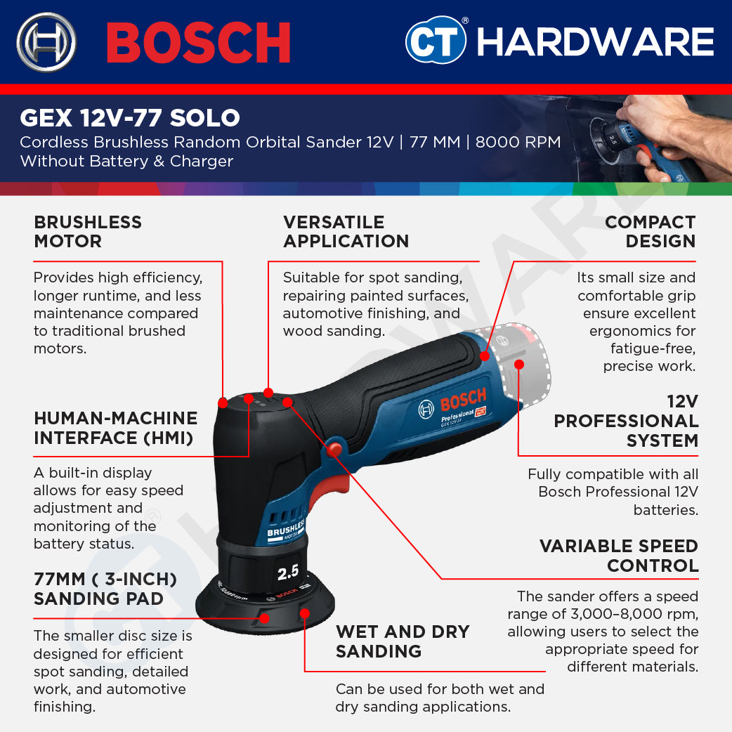 Bosch GEX 12V-77 SOLO Cordless Brushless Random Orbital Sander 12V | 77 MM  Without Battery & Charger | GEX12V77SOLO