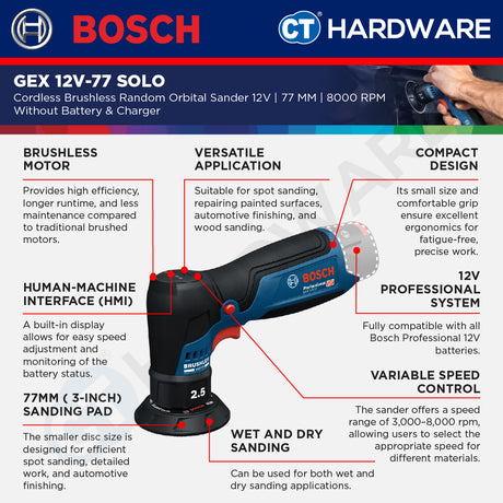 Bosch GEX 12V-77 SOLO Cordless Brushless Random Orbital Sander 12V | 77 MM  Without Battery & Charger | GEX12V77SOLO