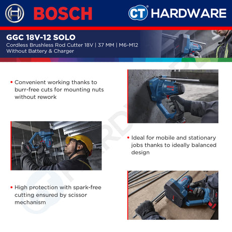 Bosch GGC 18V-12 SOLO Cordless Brushless Rod Cutter 18V | 37 MM Without Battery & Charger | GGC18V12SOLO