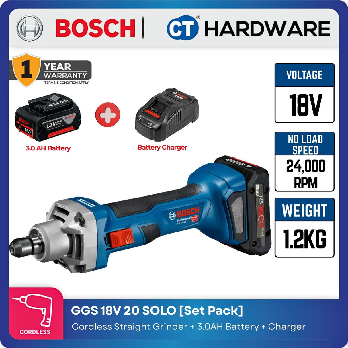 Bosch GGS 18 V-20 SOLO Professional Cordless Brushless Straight Grinder 18V 06019B5401 [Set Pack with 3.0 Ah Battery]