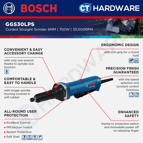 Bosch GGS30LPS Corded Straight Grinder 6MM | 750W | 33,000RPM [ LONGER SHANK ]