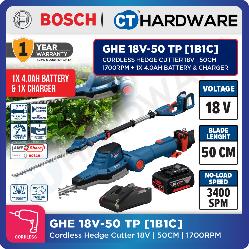 Bosch GHE 18V-50 TP SOLO Cordless Hedge Cutter 18V, 50CM, 1700RPM Without Battery & Charger, GHE18V50TPSOLO