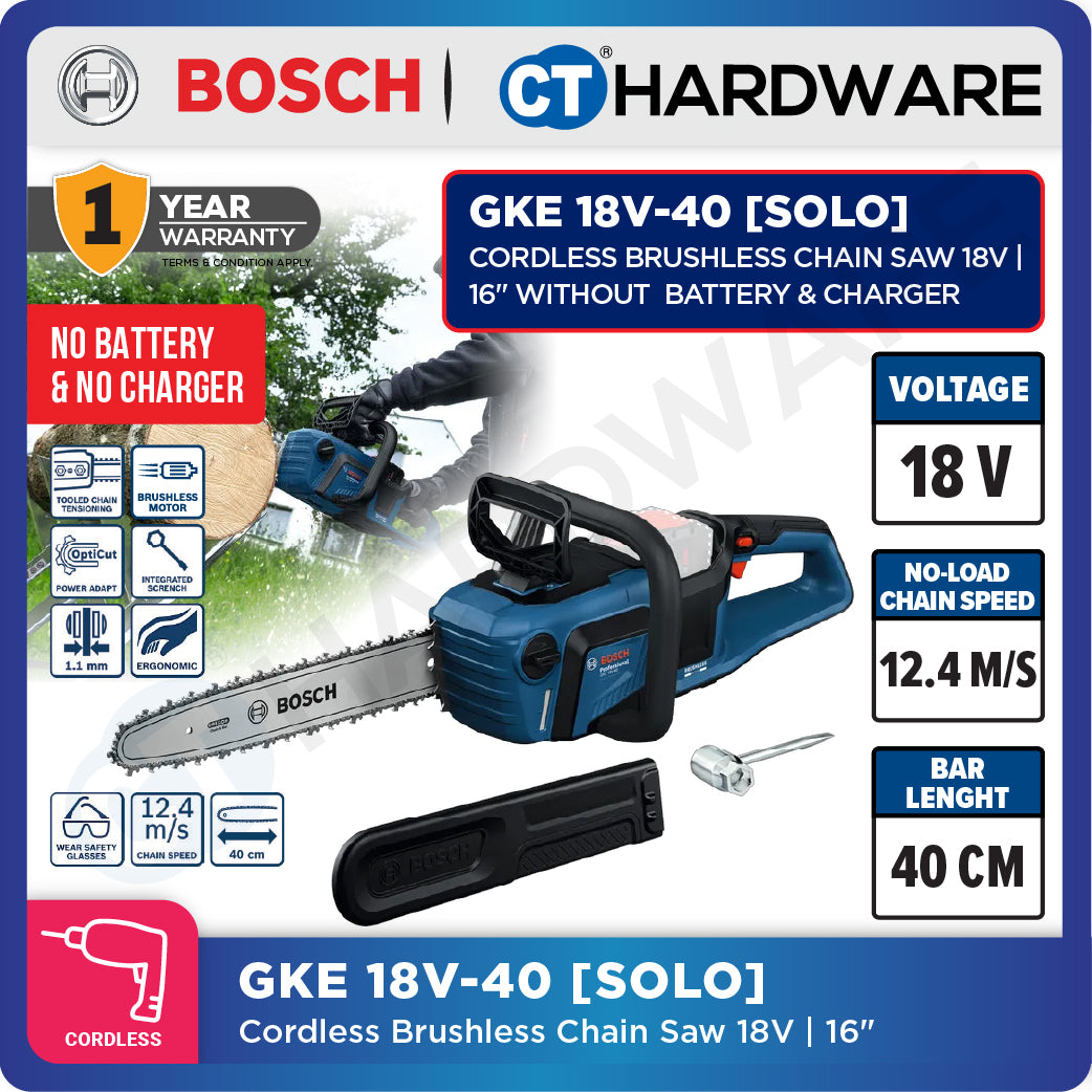 Bosch GKE 18V-40 SOLO Cordless Brushless Chain Saw 18V, 16" Without Battery & Charger, GKE18V40SOLO
