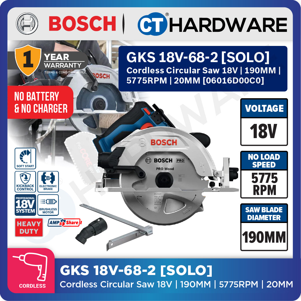 Bosch PRO GKS 18V-68-2 Cordless Circular Saw 18V 06016D00C0 (Body Only | 1-Battery | 2-Battery)