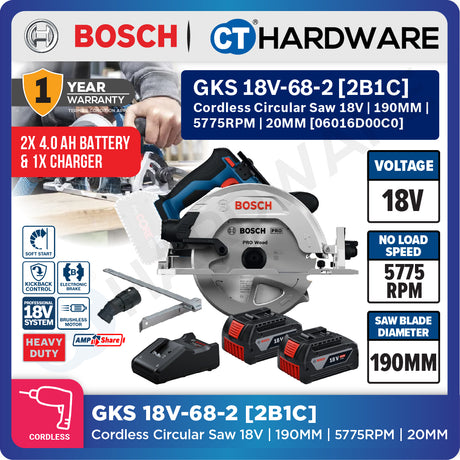 Bosch PRO GKS 18V-68-2 Cordless Circular Saw 18V 06016D00C0 (Body Only | 1-Battery | 2-Battery)