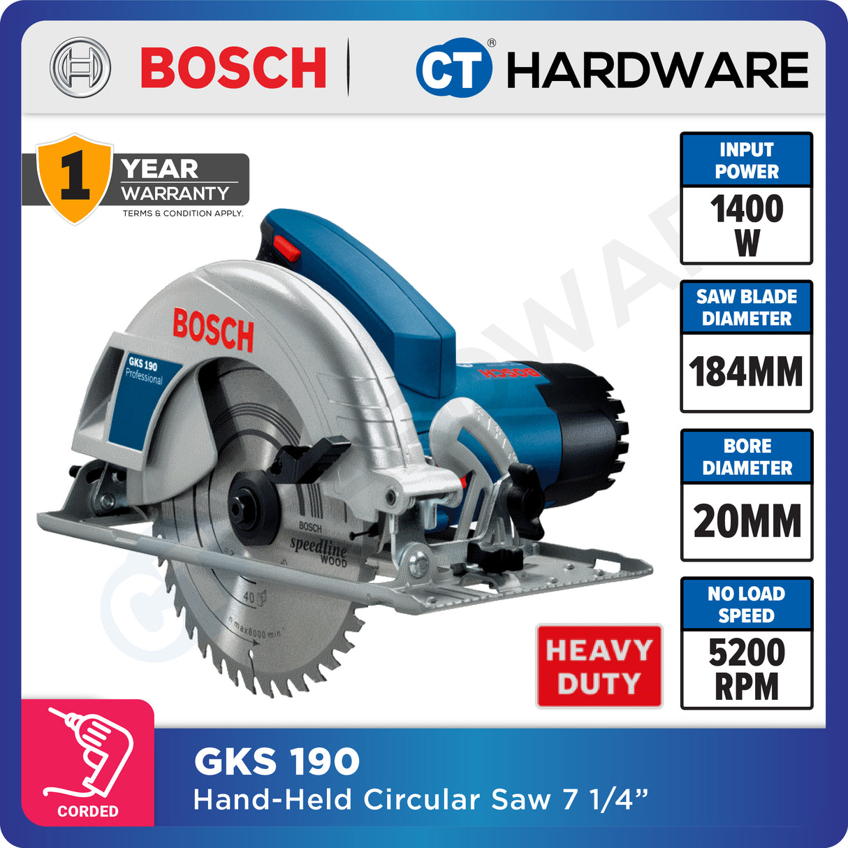 Bosch GKS 190 Professional Hand-Held Circular Saw 1400W 7” 184mm [06016230L9 | GKS190]