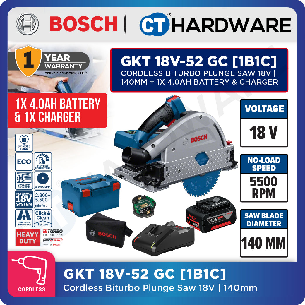 Bosch GKT 18V-52 GC SOLO Cordless BITURBO Plunge Saw 18V, 140mm without Battery & Charger, GKT18V52GCSOLO