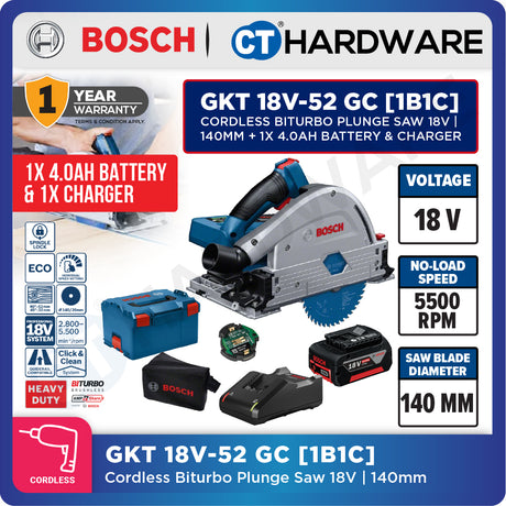 Bosch GKT 18V-52 GC SOLO Cordless BITURBO Plunge Saw 18V, 140mm without Battery & Charger, GKT18V52GCSOLO