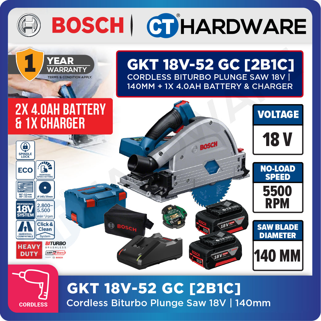 Bosch GKT 18V-52 GC SOLO Cordless BITURBO Plunge Saw 18V, 140mm without Battery & Charger, GKT18V52GCSOLO