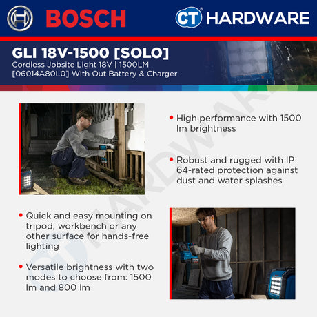 Bosch PRO GLI 18V-1500 Cordless Jobsite Light 18V 06014A80L0 (Body Only | 1-Battery | 2-Battery)