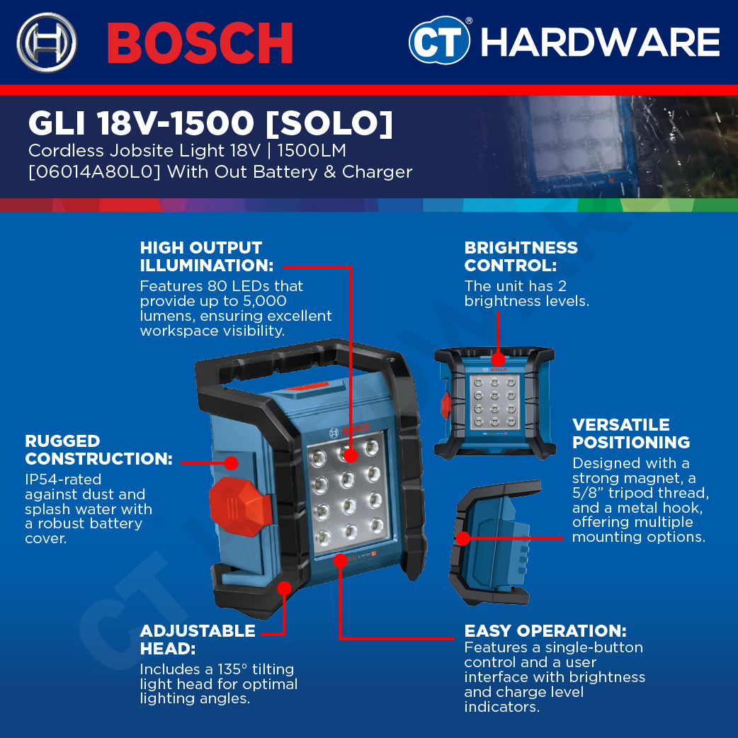 Bosch PRO GLI 18V-1500 Cordless Jobsite Light 18V 06014A80L0 (Body Only | 1-Battery | 2-Battery)