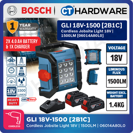 Bosch PRO GLI 18V-1500 Cordless Jobsite Light 18V 06014A80L0 (Body Only | 1-Battery | 2-Battery)