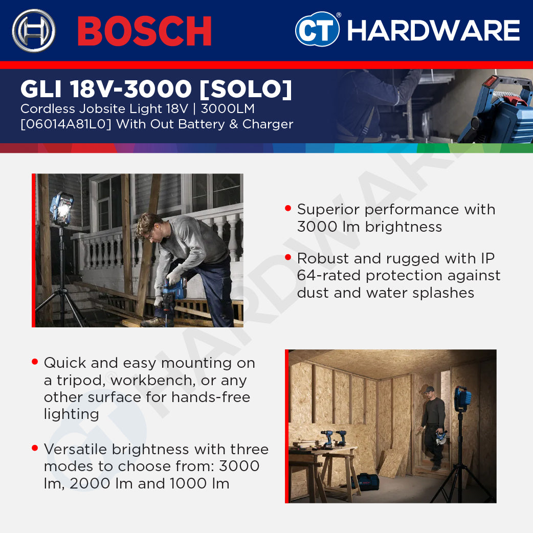 Bosch PRO GLI 18V-3000 Cordless Jobsite Light 18V 06014A81L0 (Body Only | 1-Battery | 2-Battery)