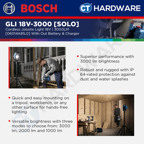 Bosch PRO GLI 18V-3000 Cordless Jobsite Light 18V 06014A81L0 (Body Only | 1-Battery | 2-Battery)