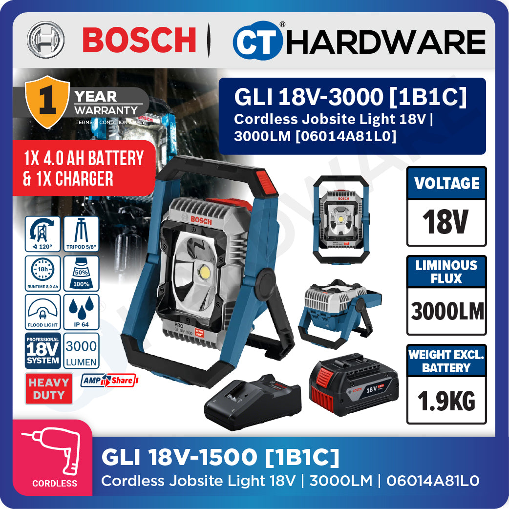Bosch PRO GLI 18V-3000 Cordless Jobsite Light 18V 06014A81L0 (Body Only | 1-Battery | 2-Battery)
