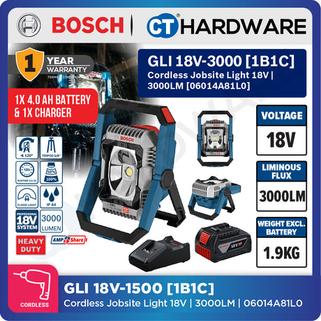 Bosch PRO GLI 18V-3000 Cordless Jobsite Light 18V 06014A81L0 (Body Only | 1-Battery | 2-Battery)