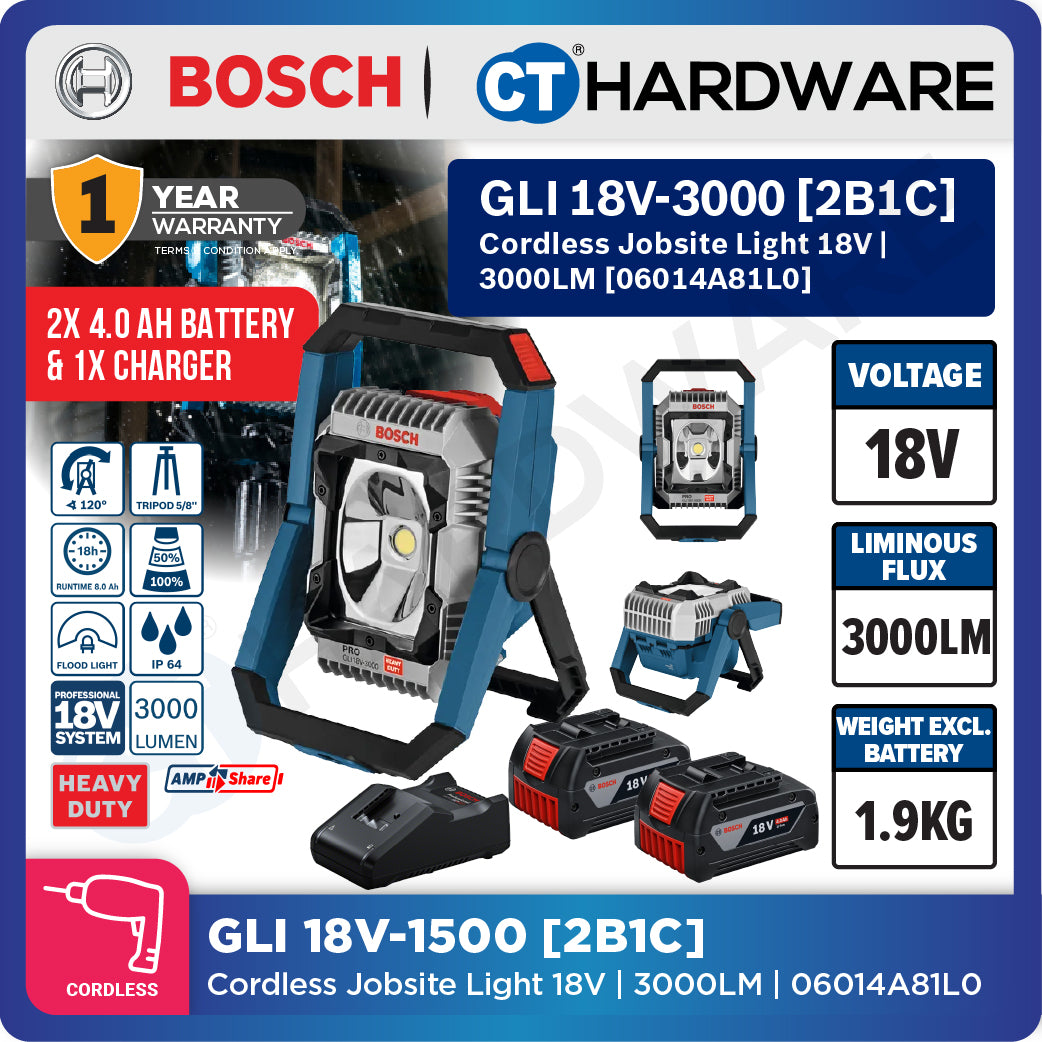 Bosch PRO GLI 18V-3000 Cordless Jobsite Light 18V 06014A81L0 (Body Only | 1-Battery | 2-Battery)