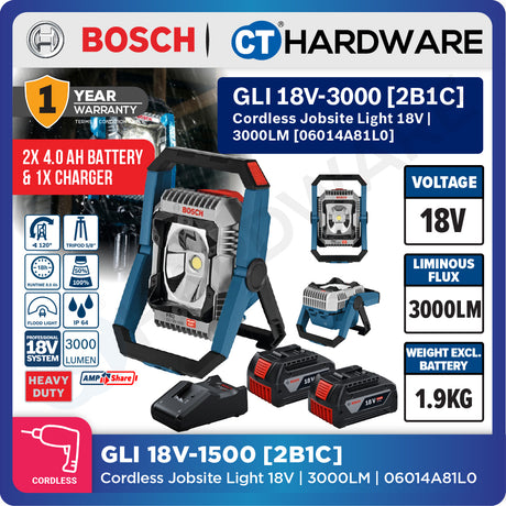Bosch PRO GLI 18V-3000 Cordless Jobsite Light 18V 06014A81L0 (Body Only | 1-Battery | 2-Battery)