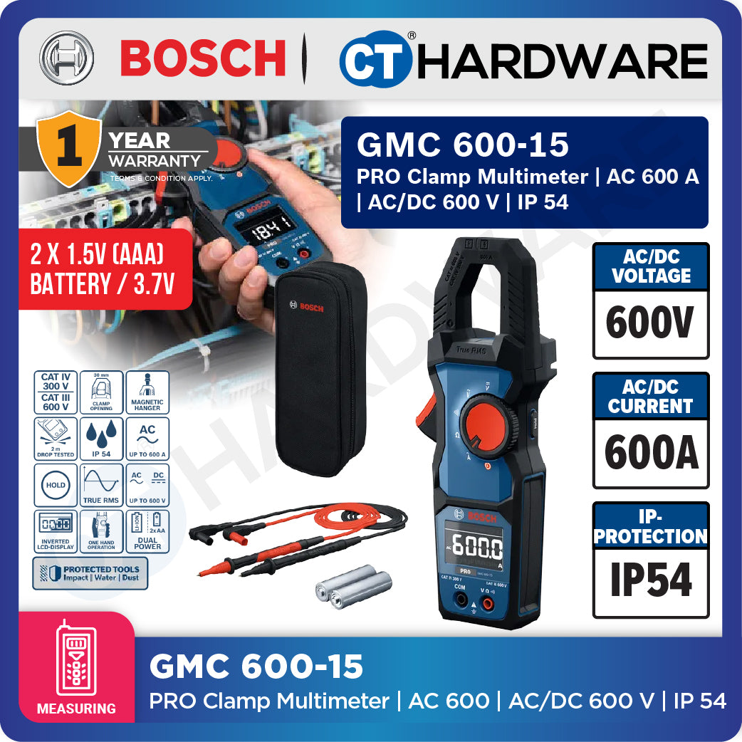 Bosch PRO GMC 600-15 Clamp Meter 600A 600V AC/DC IP54 [0601077600]